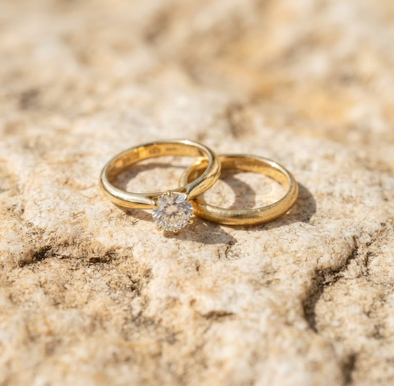 Macro close-up of premium gold rings resting on warm textured stone, bright natural sunlight casting soft shadows.