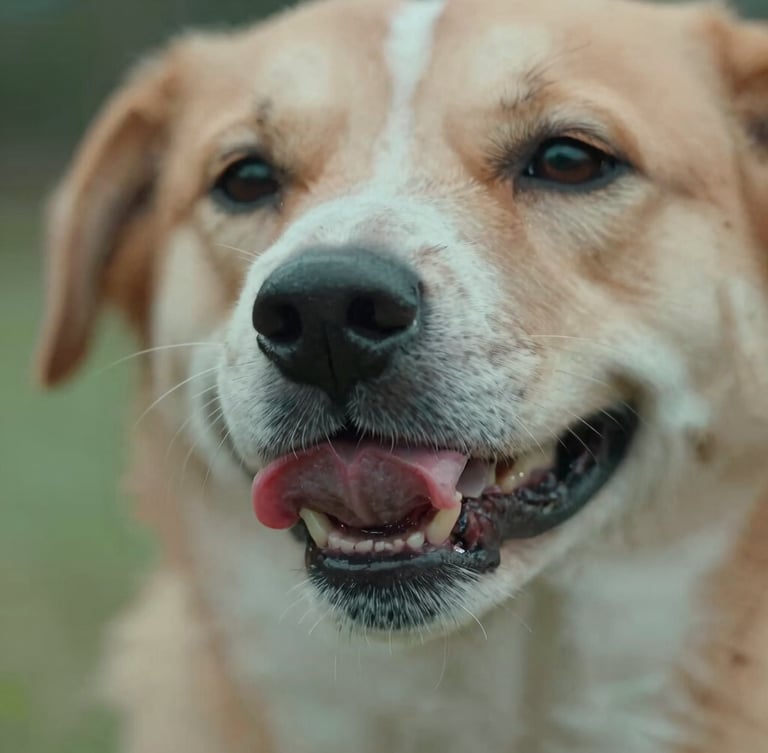 Macro shot of a dog happily licking its lips after eating, with a close-up on the mouth area, soft northern daylight, natural pet interaction.