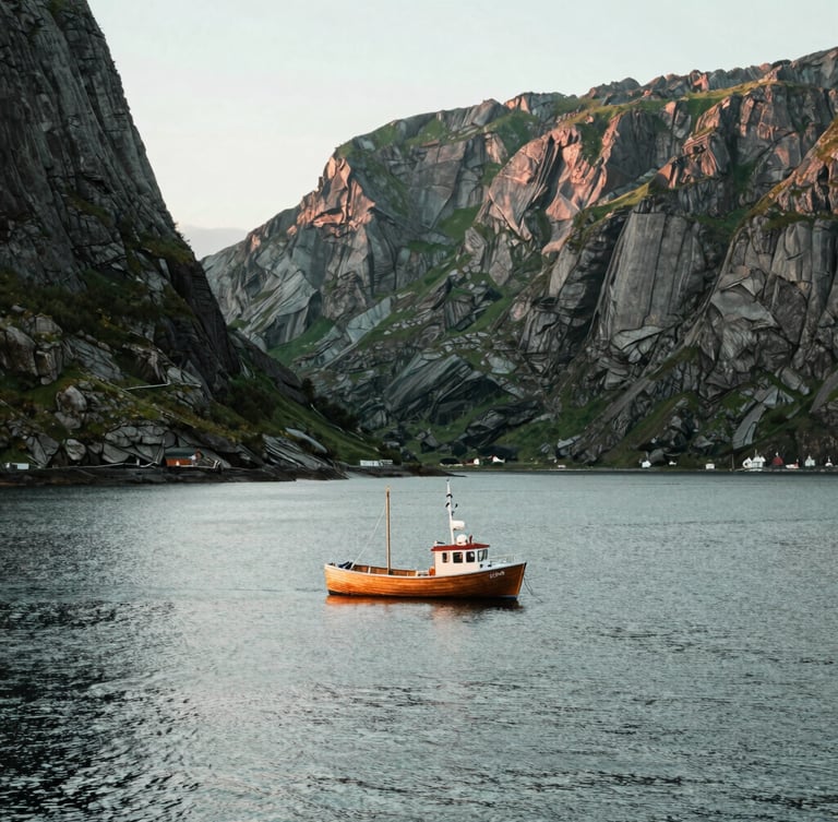 A lone wooden fishing boat in a calm Norwegian fjord at sunrise, surrounded by steep, green cliffs, cold northern daylight, desaturated sea green tones.