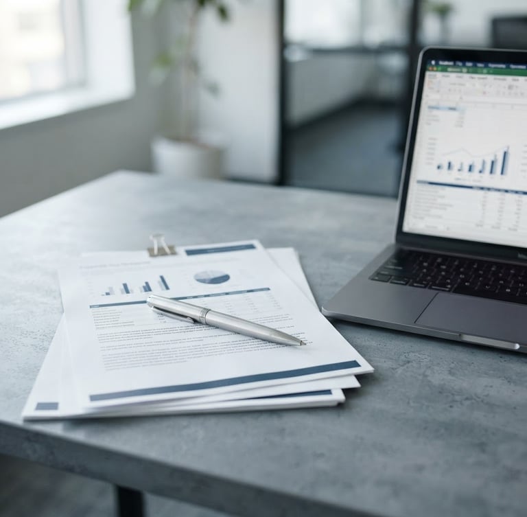 Close-up of organized corporate documents, a sleek pen, and a laptop on a clean slate gray desk, bright natural morning daylight, sharp focus, 35mm