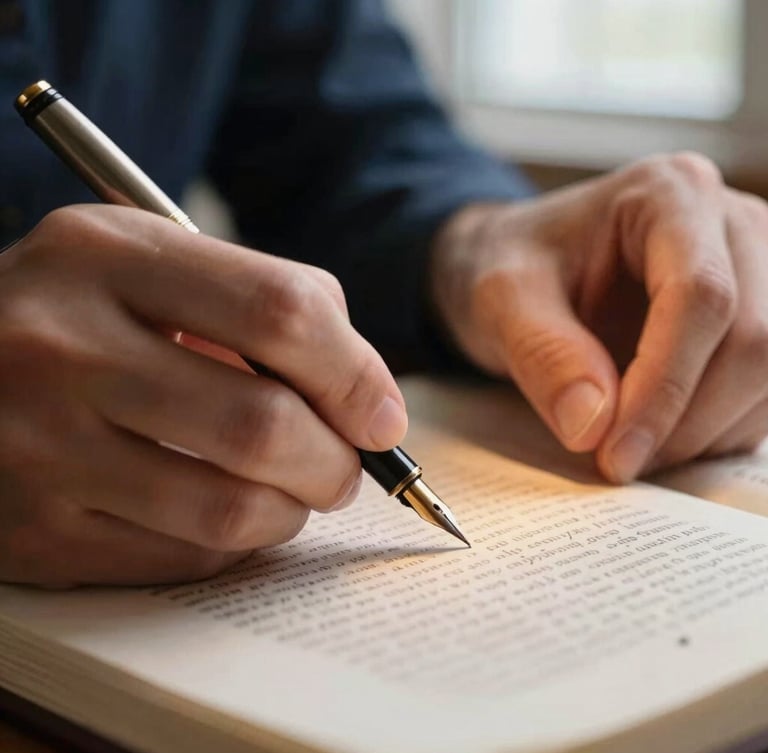 Close-up macro photography of hands editing a printed manuscript with a classic fountain pen, warm study-lamp glow, paper texture visible, shallow depth of field