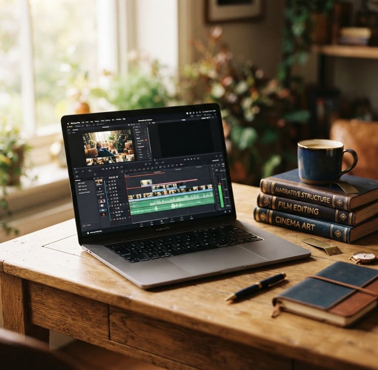 Warm editorial photography of a clean oak writing desk with a laptop showing editing software, a stack of hardback books nearby, soft morning window light, shallow depth of field, 35mm