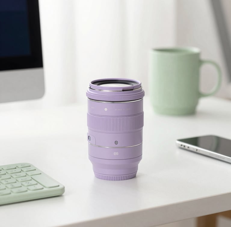 Bright aesthetic photography of a clean minimalist workspace with soft lavender and matcha green tech accessories, diffused natural daylight, 35mm lens, portrait crop