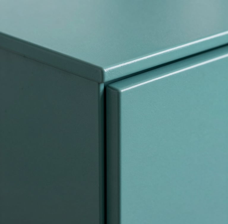 Extreme macro close-up of a flawless, matte teal cabinet door edge, highlighting the zero-texture factory-grade finish under bright, clinical white light.