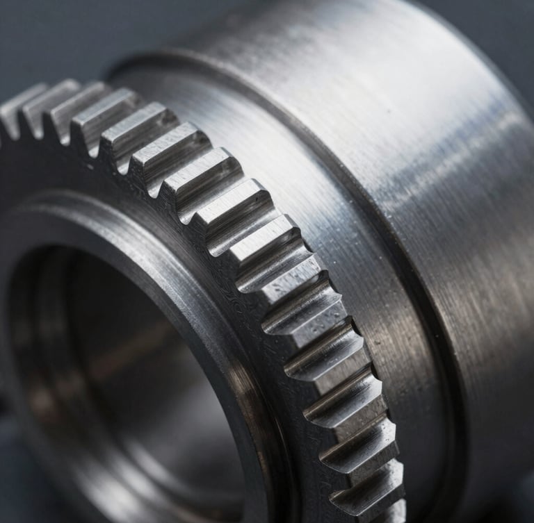 Extreme macro photography of an etched stainless steel automotive gear edge, clean burr-free cuts, cool high-contrast industrial lighting highlighting metallic sheen