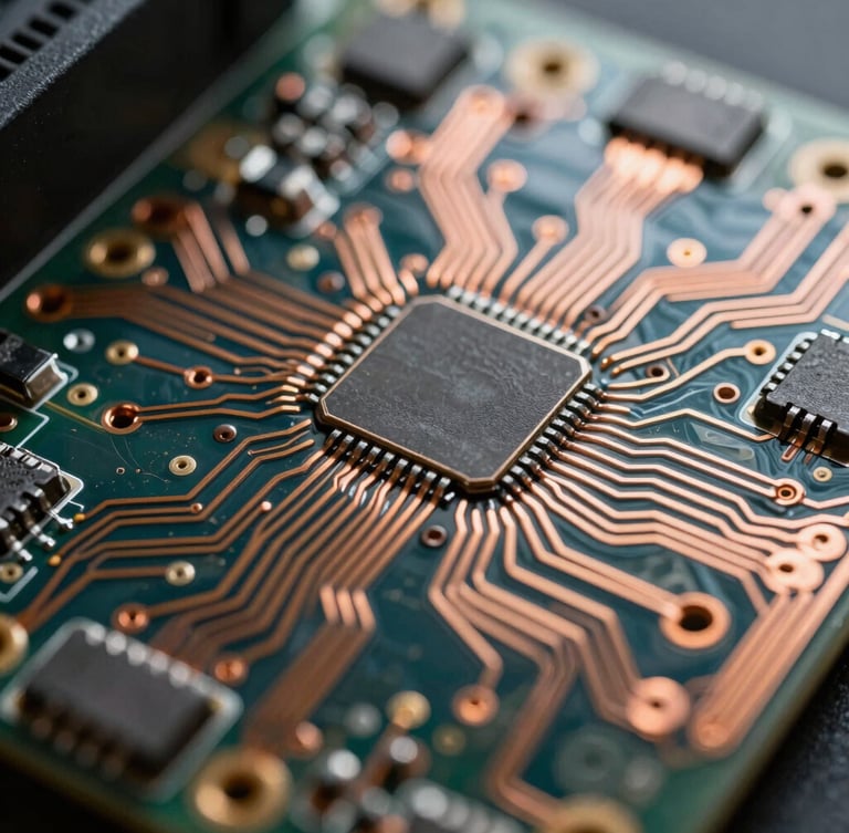 Ultra-close-up macro shot of an electric copper circuit board, showing clean chemical etched pathways, metallic sheen, cool high-contrast industrial lighting, technical blueprint style.