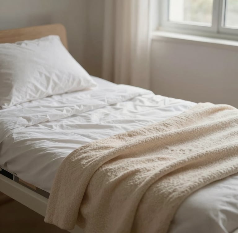 Close-up of a neatly prepared home care bed with clean linens and a soft warm blanket, illuminated by gentle morning window light.