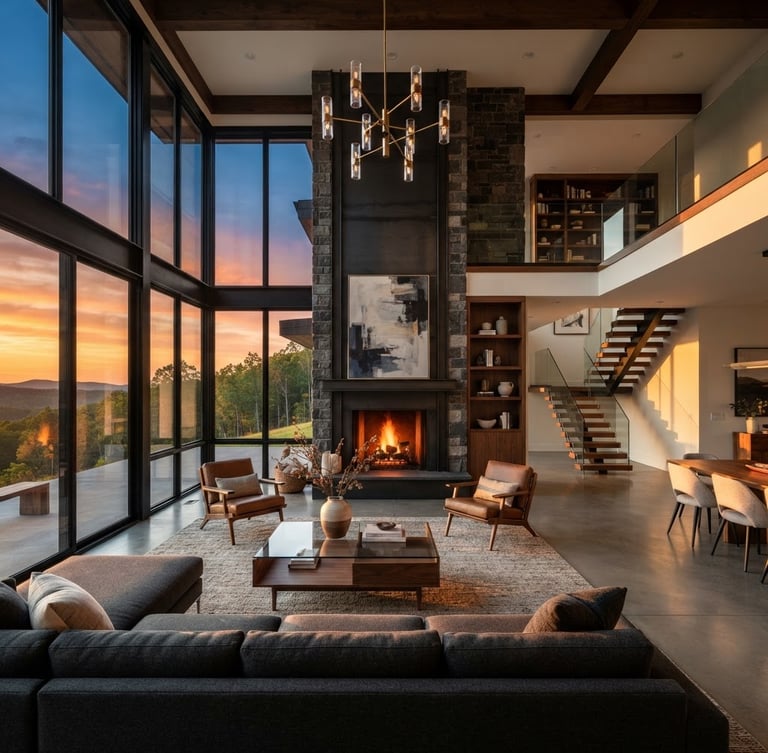 Wide-angle architectural photograph of a luxury modern living room in Johnson City, high ceilings, warm evening light pouring through floor-to-ceiling windows, clean lines, high contrast, sharp editorial photography, dramatic golden-hour light, high contrast charcoal tones, 35mm architectural lens.