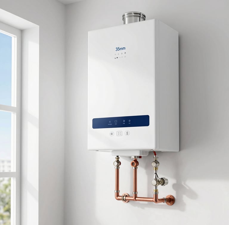 A newly installed modern boiler system mounted on a clean white utility room wall, copper piping neatly aligned below, crisp daylight, 35mm
