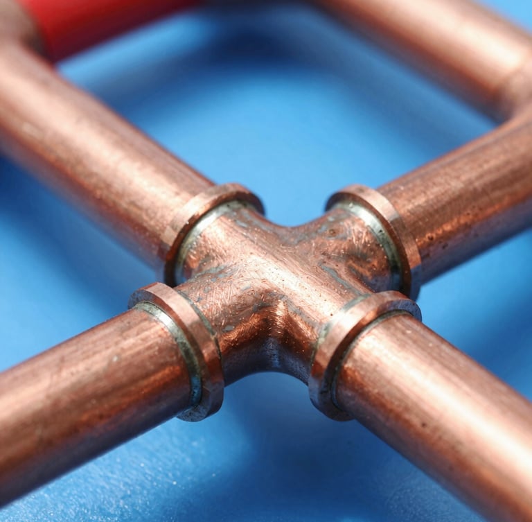 Macro shot of clean copper pipework with soldered joints, bright daylight, sharp focus on technical details, professional blue and red tones, 35mm