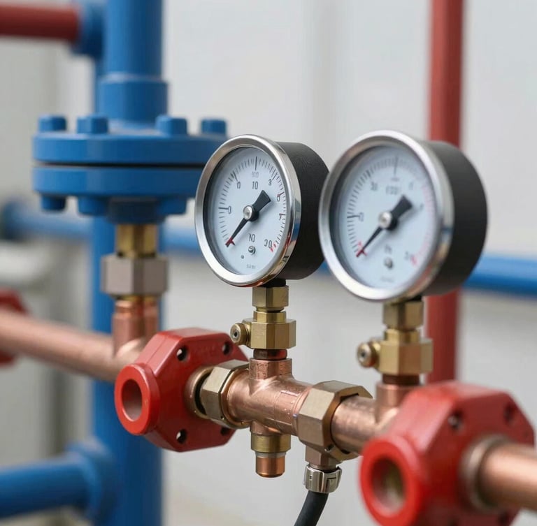 Tight macro shot of clean copper pipework and pressure gauges, bright daylight, professional blue and red tones, 35mm
