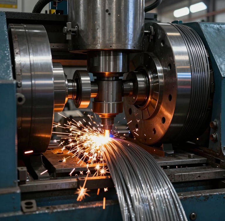 Extreme close-up of a heavy-duty CNC coiling machine bending a thick steel wire under high pressure, high-contrast industrial lighting, metallic textures and orange sparks, raw factory environment.