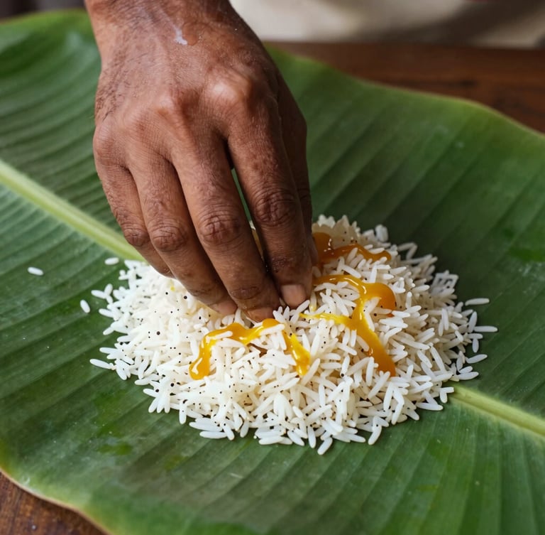 Vibrant close-up portrait of a guest's hand mixing rice with golden paruppu and ghee on a glossy banana leaf, warm natural light.