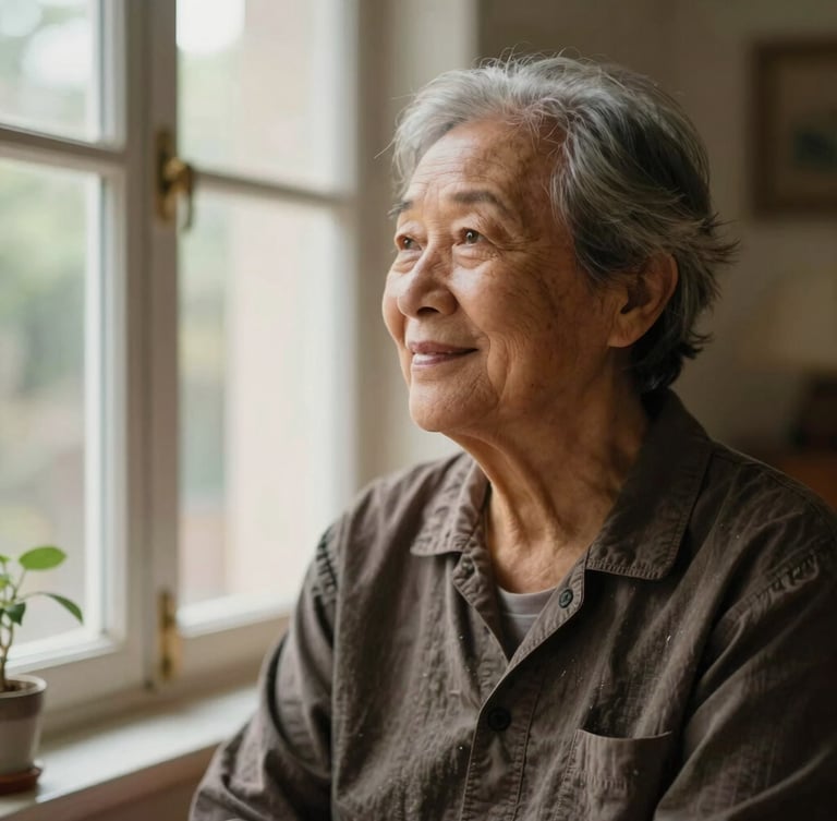 Warm editorial photography, soft natural window light, rich organic tones, shallow depth of field, 35mm. A dignified portrait of a patient in a warm domestic setting, looking out of a window with a hopeful expression.