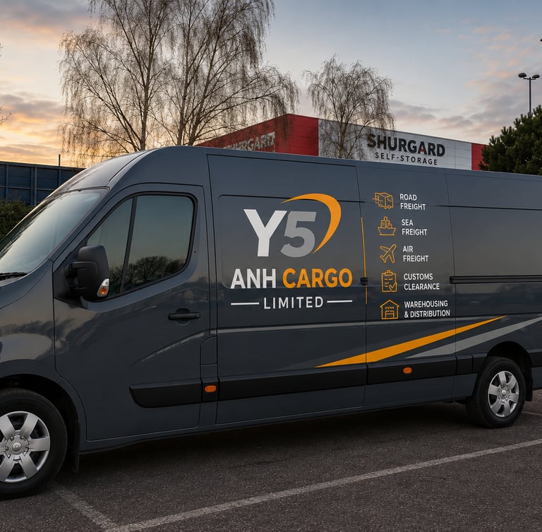 A grey ANH Cargo Limited delivery van parked outside a Shurgard self-storage facility at sunset.