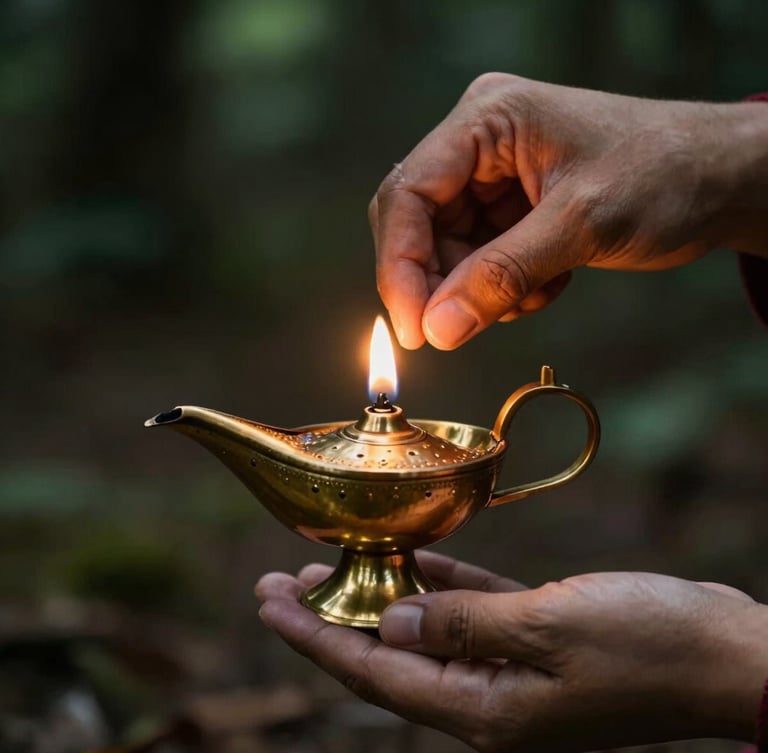 Close-up of hands gently lighting a traditional brass oil lamp, warm golden glow illuminating the raw texture of the metal, dark moody forest background, intimate cinematic framing.