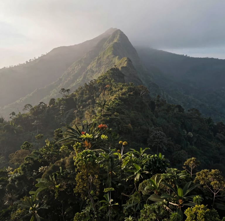 Cinematic wide shot of the misty Western Ghats mountain peaks at dawn, dense green forest canopy below, low-key natural lighting, atmospheric fog.