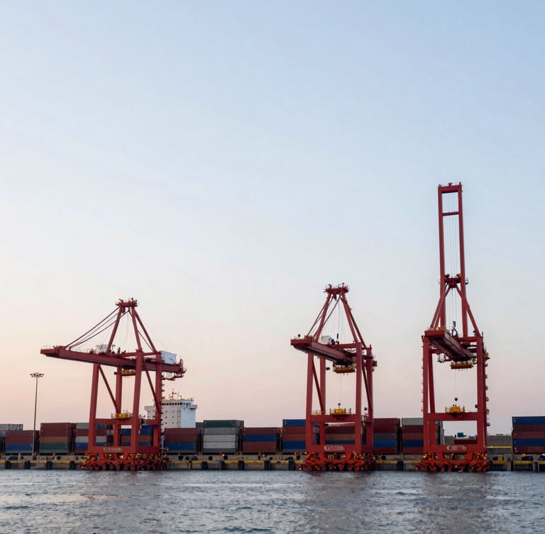 Wide environmental shot of a modern deepwater cargo port at dawn, massive red container cranes framing the horizon, sharp architectural lighting, 35mm corporate style