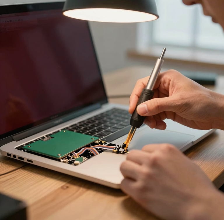 Close-up of precise hands using a specialized tool to attach a delicate ribbon cable inside a laptop chassis, warm overhead workspace lamp, clean wooden surface, highly focused, professional setting.
