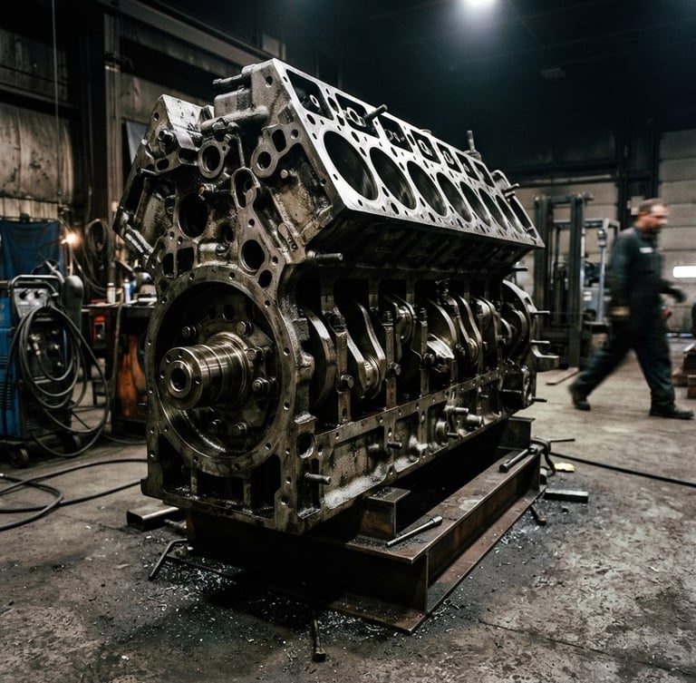 Low-angle high-contrast shot of a heavy-duty diesel engine block, metallic highlights, deep shadows, gritty industrial workshop environment.