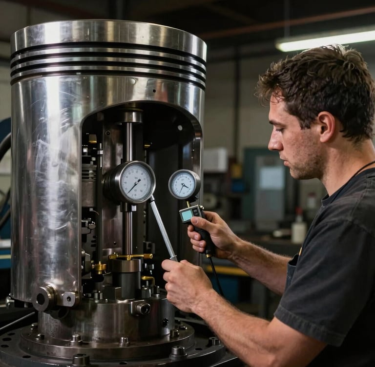 A technician measuring a massive diesel engine piston with a digital micrometer inside a dimly lit Spokane Valley workshop, dramatic metallic highlights, sharp details