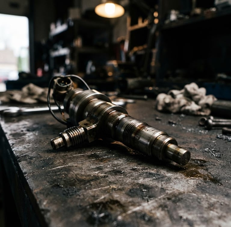 Gritty close-up of a machined diesel fuel injector on a dark metal workshop bench, dramatic high-contrast workshop lighting with metallic highlights, 50mm lens, shallow depth of field.