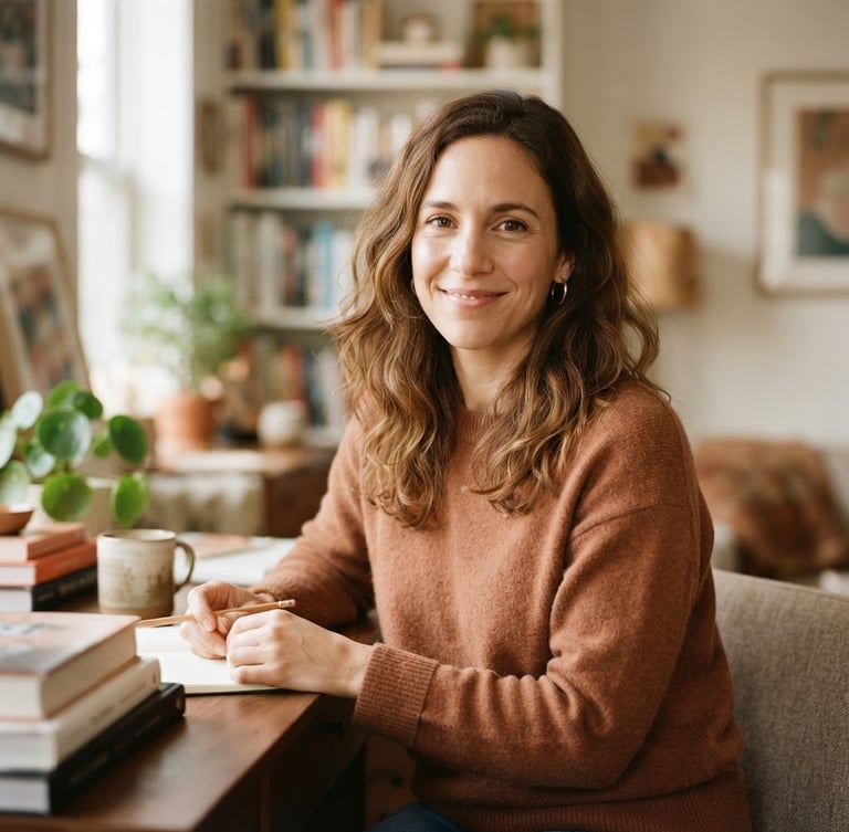 Warm, authentic portrait of Alexia looking directly at the camera with a soft, reassuring smile, cozy home office in soft focus background, morning light.
