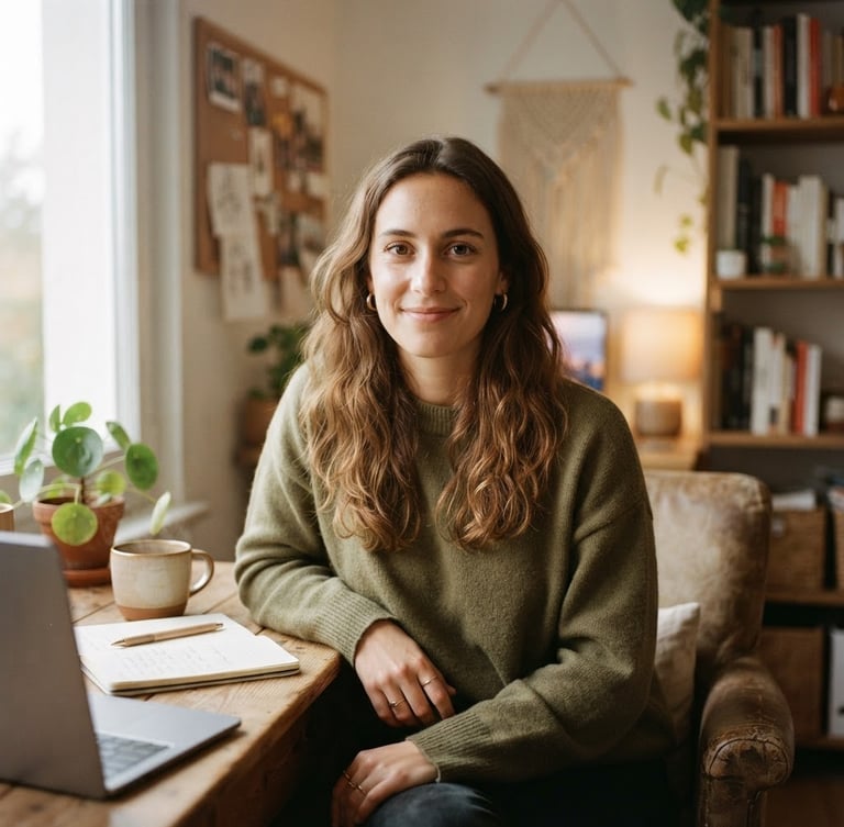 Warm, natural portrait of Alexia looking directly at the camera with a soft, reassuring smile, cozy home office setup in background, soft morning window light, muted earthy tones, shallow depth of field, 35mm film feel.