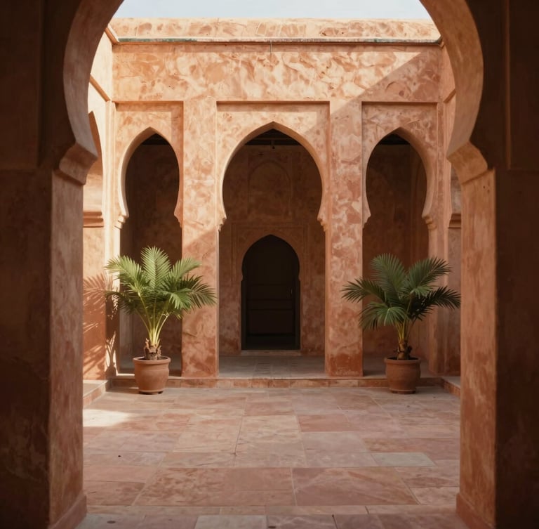 Intérieur d'un riad marocain traditionnel, patio ensoleillé avec des arches en tadelakt et des plantes vertes, lumière dorée filtrant à travers les moucharabiehs, textures organiques.