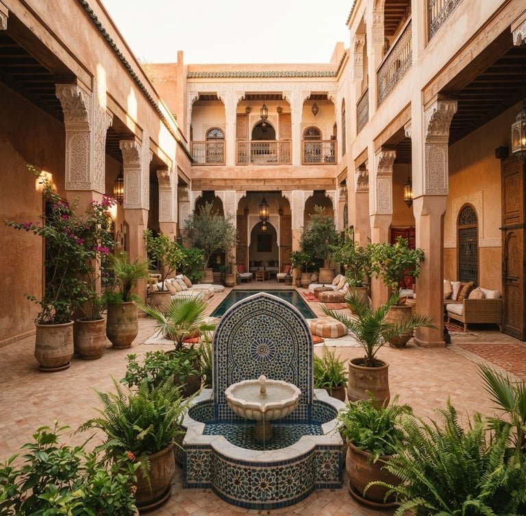 Wide shot of a sun-drenched riad courtyard in Marrakech, intricate zellige fountain in the foreground, soft shadows cast by arches, terracotta pots with lush plants, golden hour light, warm editorial architectural photography, organic textures, terracotta and sand tones, medium format, 35mm lens.