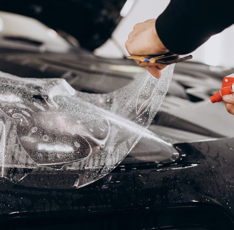 Installer applying automotive vinyl wrap with a squeegee in a dust-controlled bay