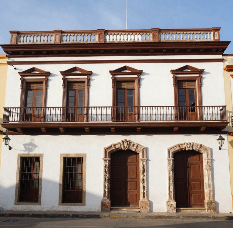 Vertical portrait of a historic colonial building facade in Yauco with ornate balconies, warm afternoon sun, bright natural daylight