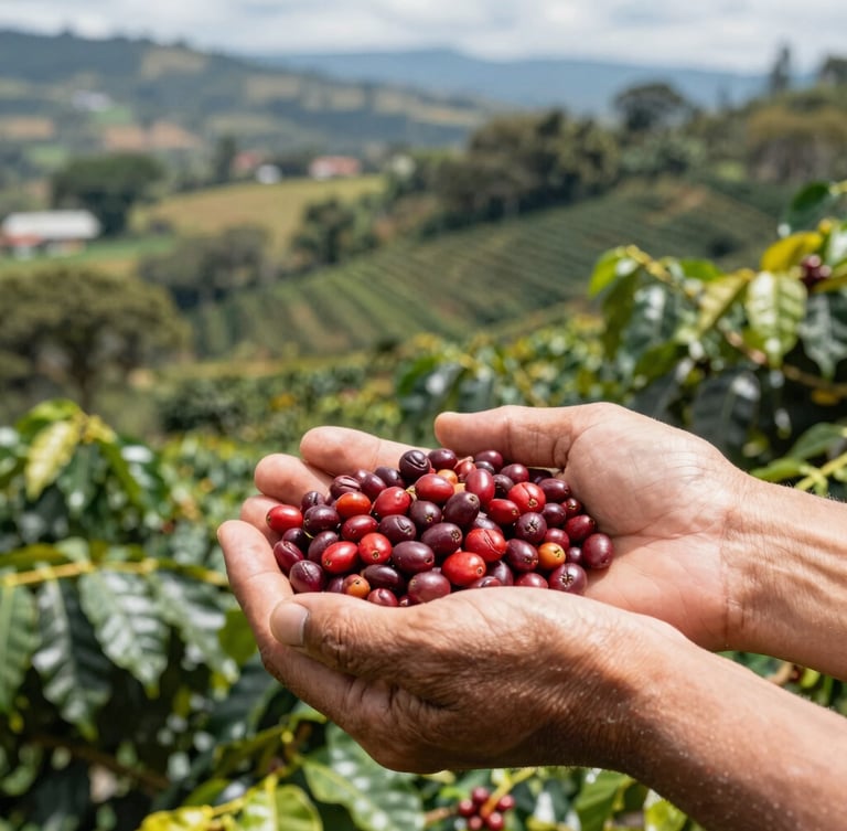 Close-up of hands holding freshly harvested red coffee beans in a Yauco plantation, bright natural daylight, rich realistic colors.