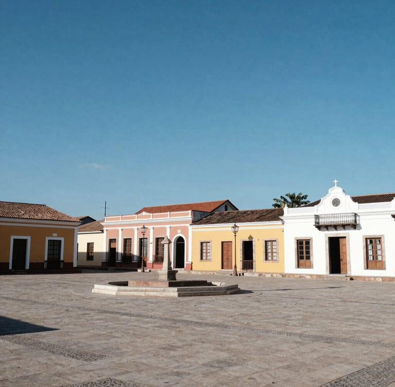 Wide environmental shot of Yauco town square under bright natural daylight, colorful historic colonial buildings, blue sky, crisp documentary photography