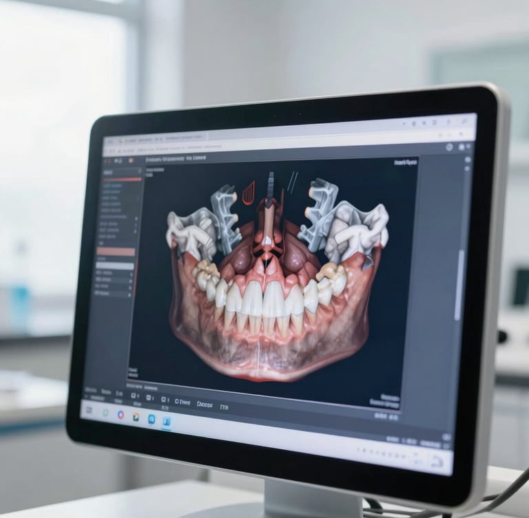 Close-up of a modern surgical planning software showing a 3D dental scan on a screen, clean clinical background, soft natural light, professional 35mm
