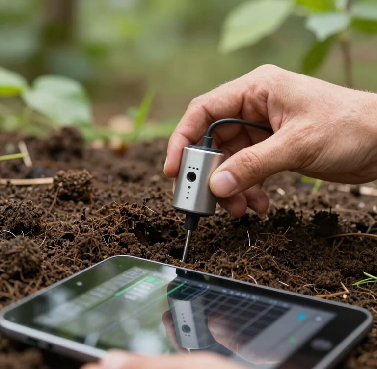 Close-up of hands holding a soil moisture sensor inserted into rich dark earth, a digital tablet displaying real-time data plots in the foreground, bright natural daylight, soft-focus green foliage.