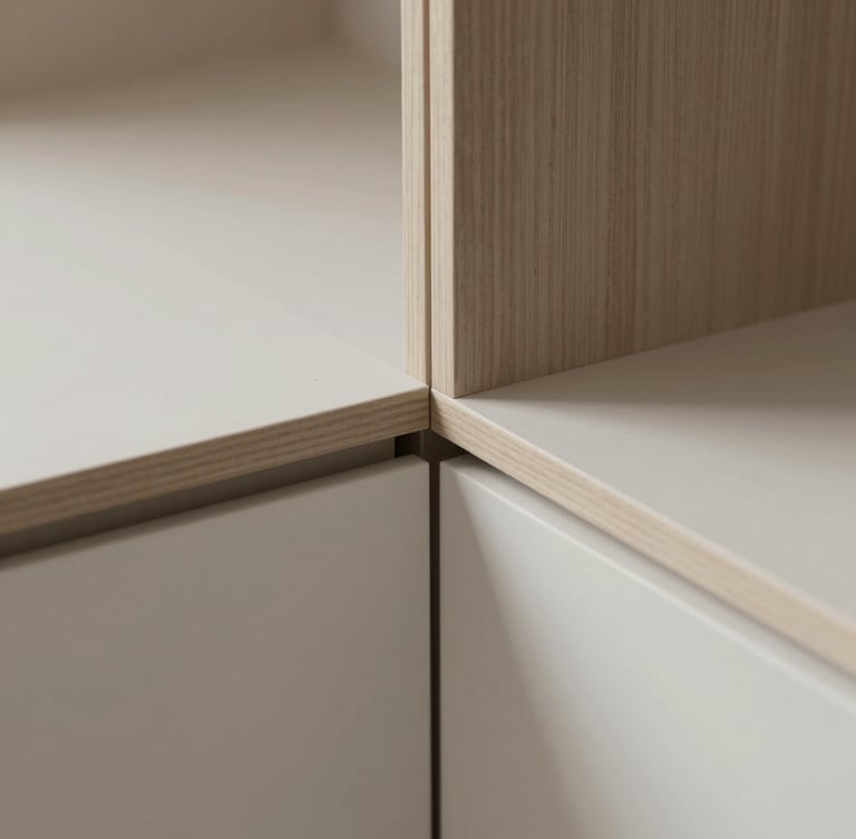 Close-up of perfectly aligned cabinet joints, oak veneer meeting matte MDF with millimeter precision, soft diffused daylight casting subtle shadows, 35mm lens