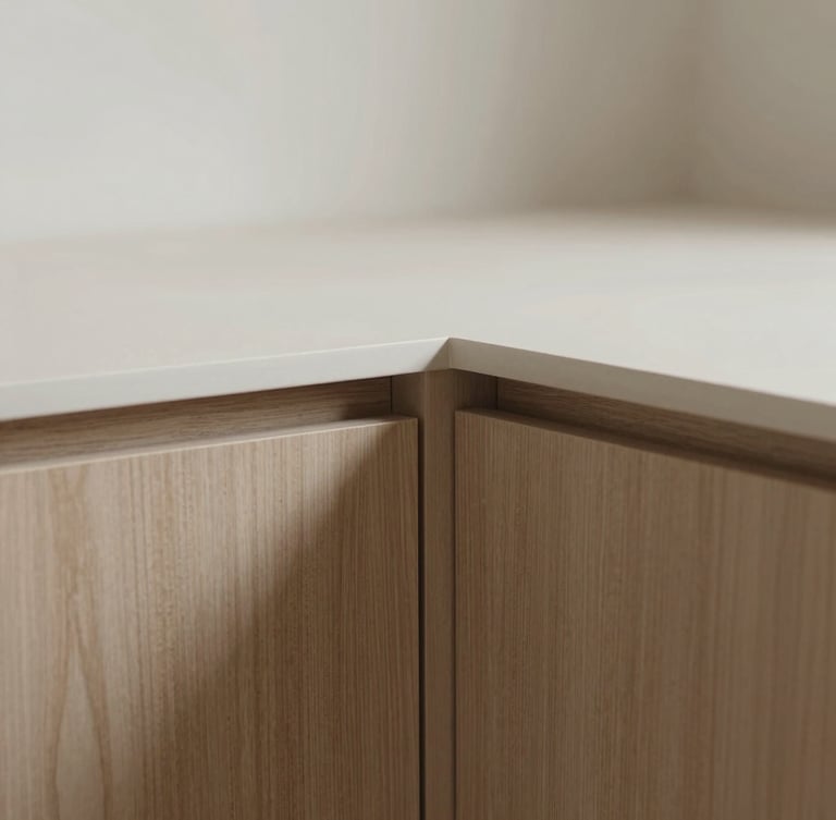 Close-up of perfectly aligned cabinet joints, soft natural daylight casting subtle shadows, warm oak veneer and matte MDF, minimalist architectural photography, 35mm lens.