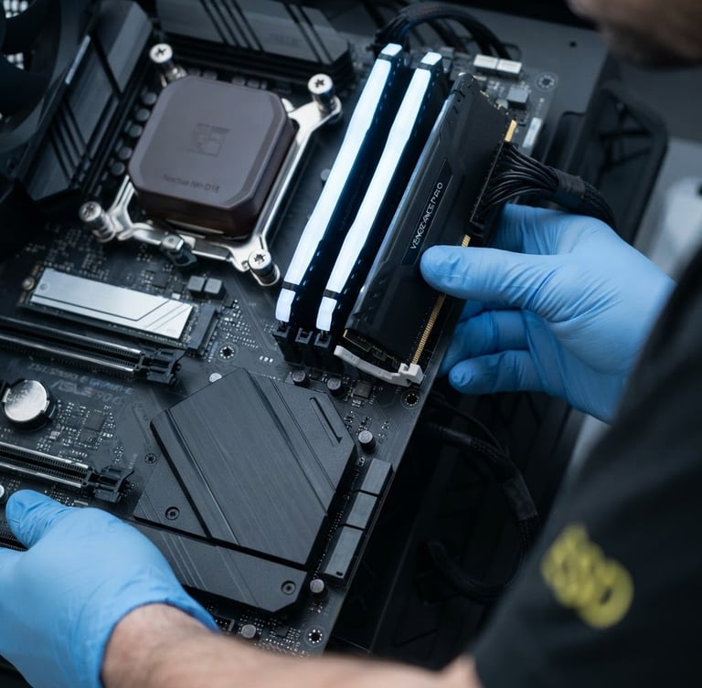 Close-up of a technician's hands carefully installing a high-performance RAM stick into a clean motherboard, bright cool LED indicators, sharp focus, 50mm.