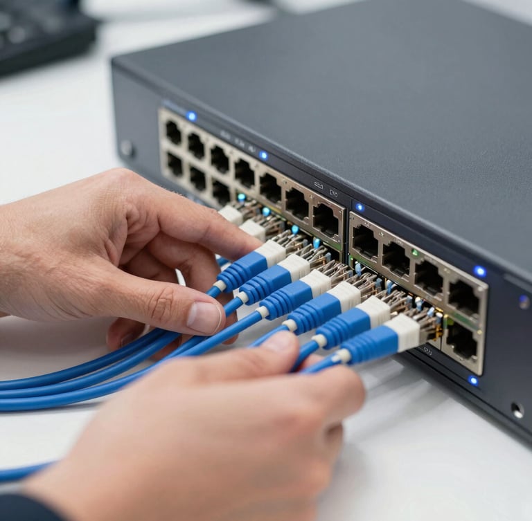 Close-up of professional hands configuring a high-end network switch, neatly structured Ethernet cables, clean technical workspace, crisp focus, 50mm