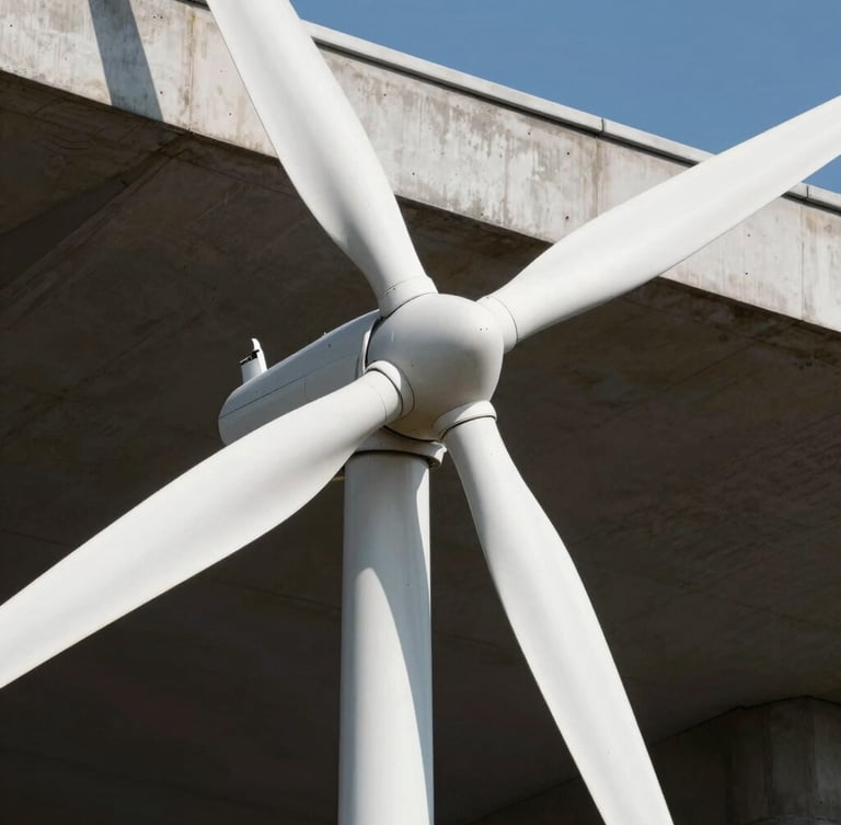Close-up of a white spiral vertical axis wind turbine blade, clean fluid curves catching crisp daylight, architectural concrete roof edge in the background, sharp shadows