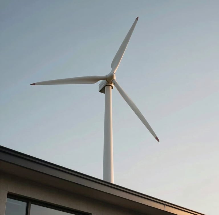 Low-angle architectural shot of a white spiral vertical axis wind turbine mounted on a modern villa roofline, crisp daylight, high-contrast shadows against a clear sky.