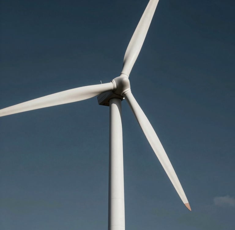 A crisp architectural elevation of a white spiral wind turbine against a deep twilight sky, clean geometric lines.