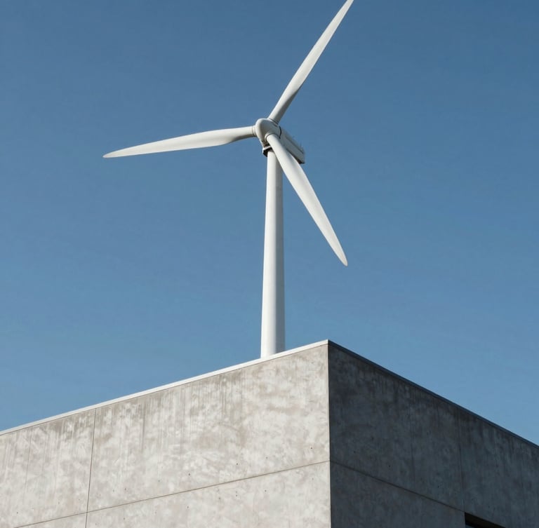 Low-angle architectural shot of a sleek white spiral vertical-axis wind turbine mounted on the corner of a minimalist concrete rooftop, bright daylight, high-contrast shadows, crisp blue sky background.