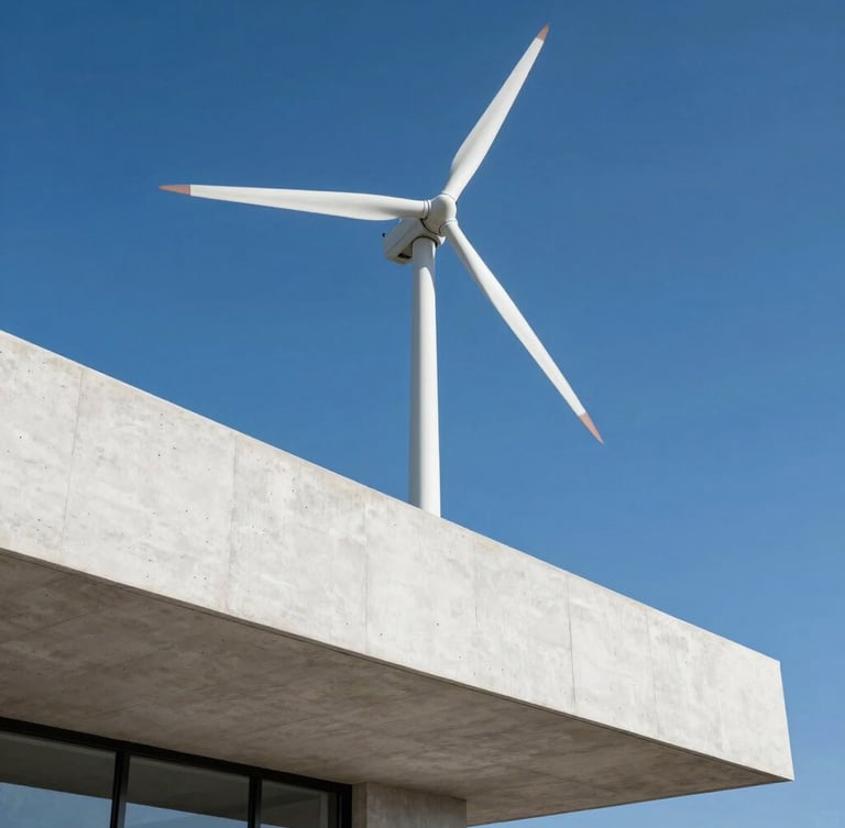 Low-angle architectural shot of a modern white concrete villa under a bright blue sky, with a single sleek white spiral wind turbine integrated seamlessly into the rooftop edge.