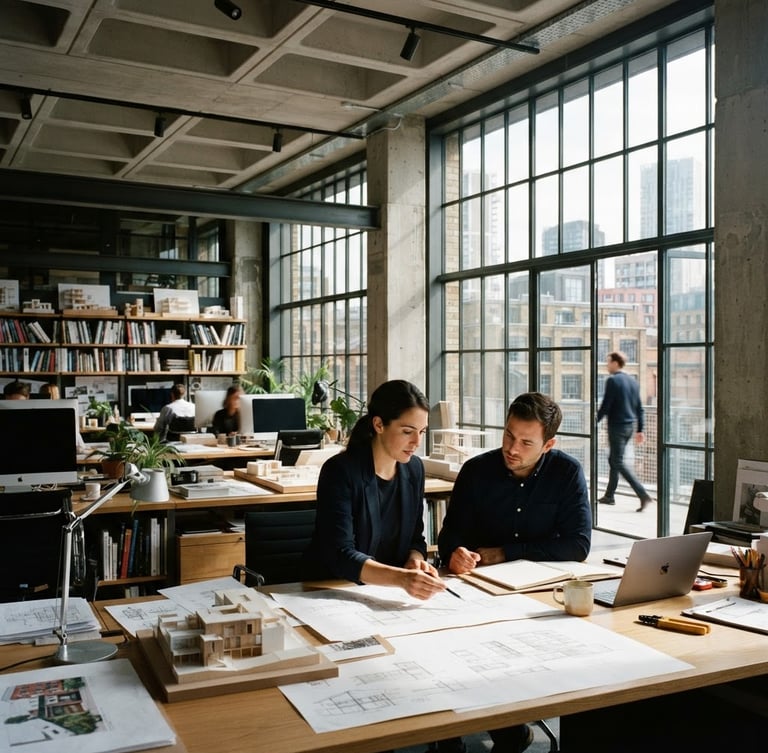 Architectural office space with high-contrast natural light, deep shadows, concrete and glass structures, warm champagne accents, medium format film.