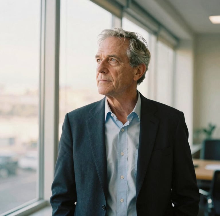 Candid medium-close portrait of a senior business consultant in a sunlit architectural office, looking thoughtfully out a window, warm tones, medium format film