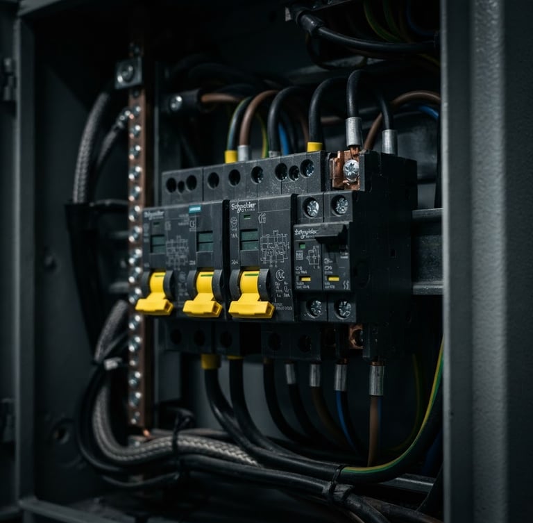 Industrial macro photography of a modern electrical panel, high-contrast low-key lighting, deep graphite casing with sharp yellow highlights on circuit breakers, 50mm lens