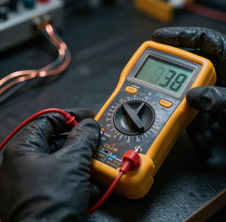 Macro shot of a professional technician's hands wearing protective gloves, holding a digital multimeter measuring voltage on copper wiring, dramatic low-key lighting, yellow highlights