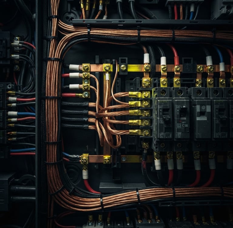 Macro photography of neatly organized copper wiring inside a modern fuse box, dramatic low-key lighting, sharp yellow highlights on metallic components
